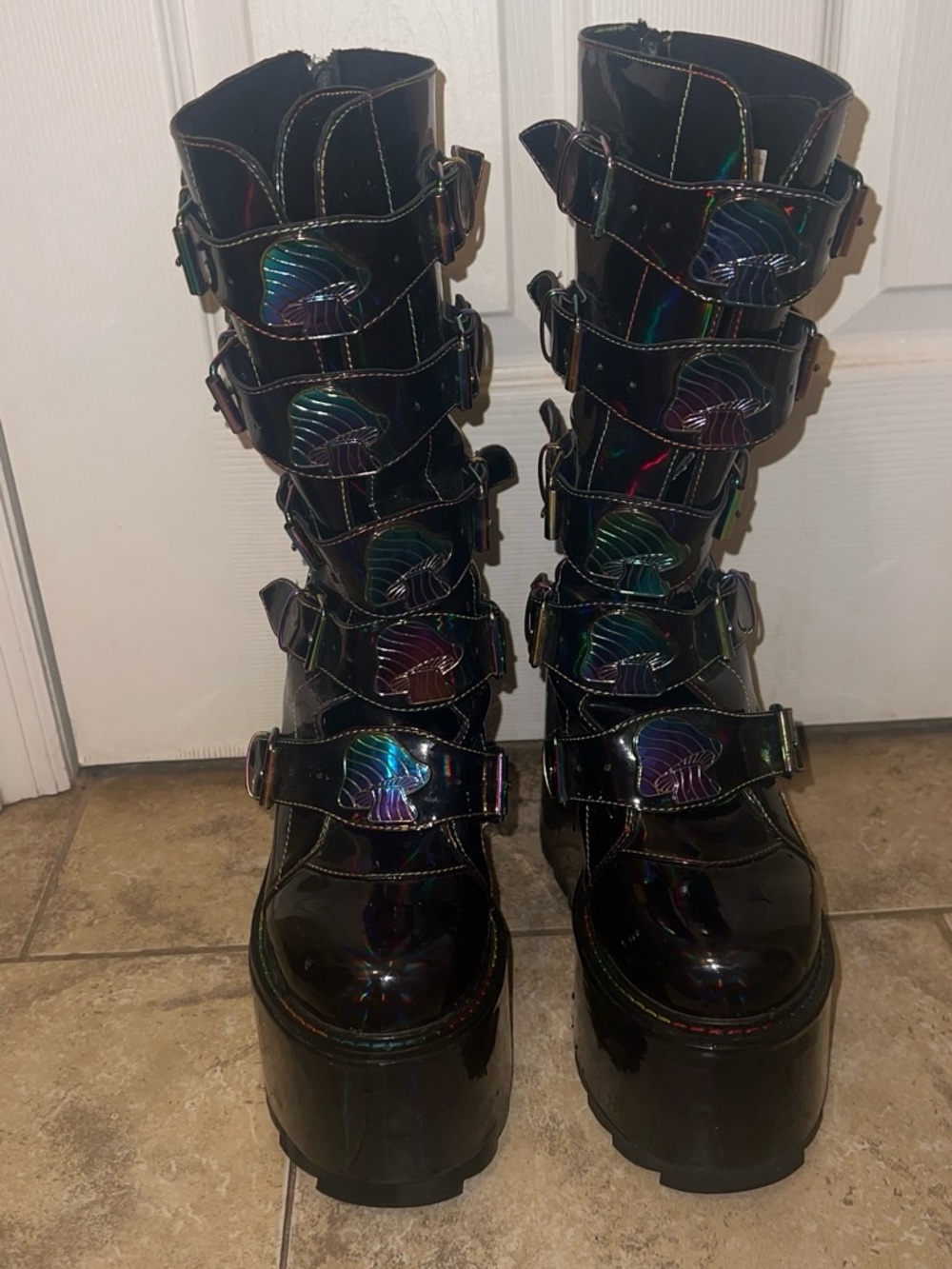 YRU Black Iridescent Multi-Buckle Platform Knee-High Boots
